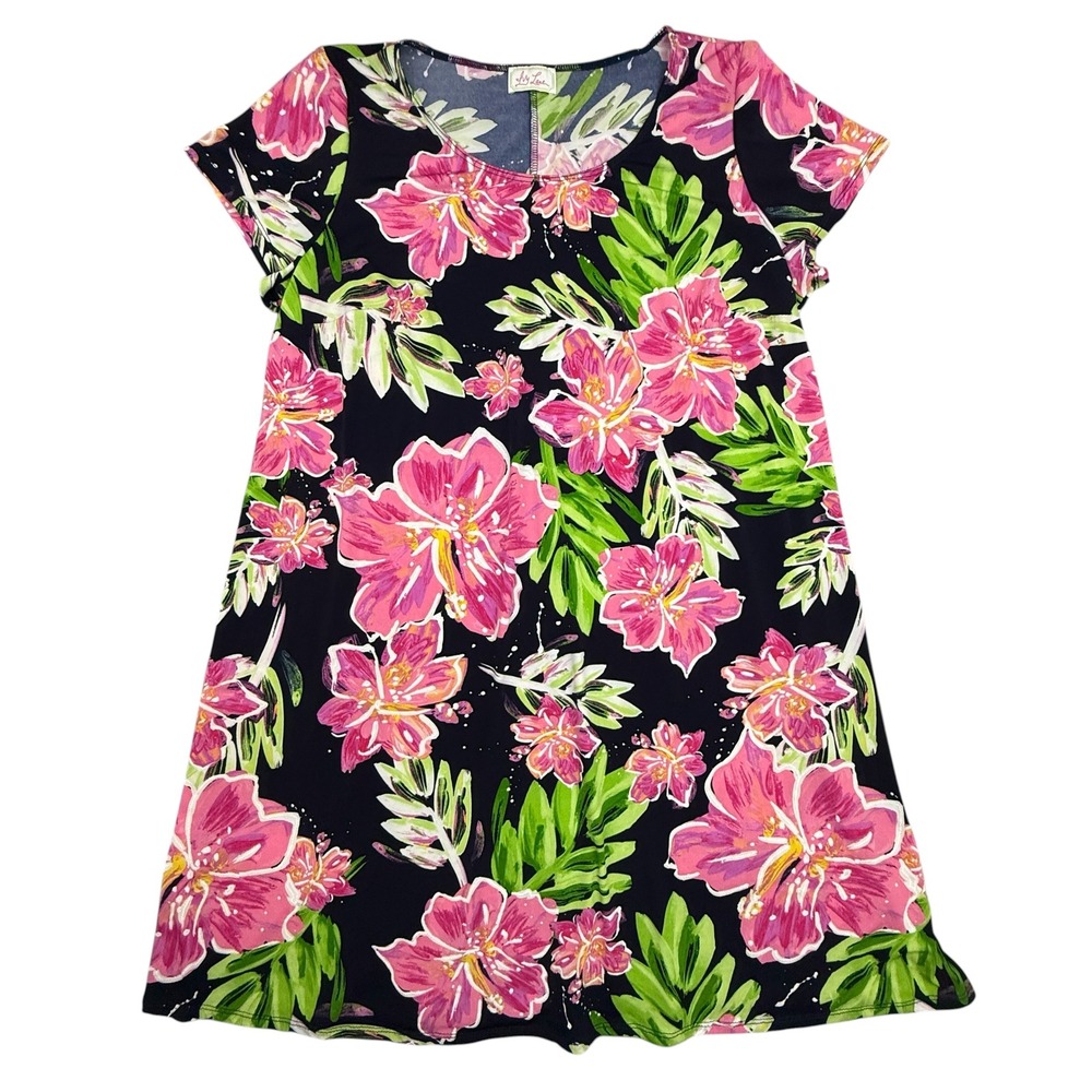 Ivy Lane Dress Womens Medium Black Floral Tropical Hibiscus Short Sleeve Texture